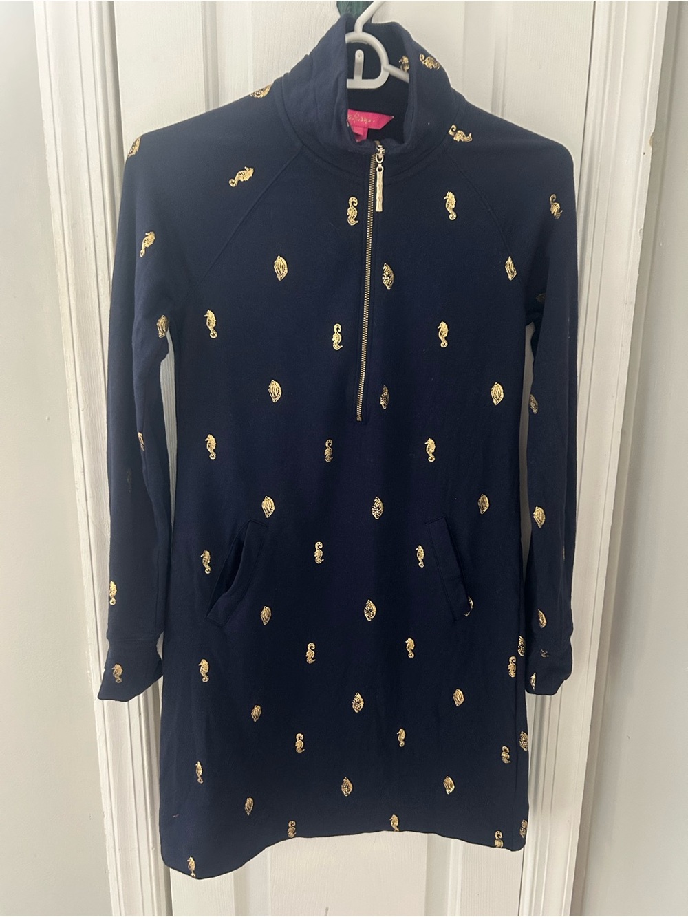 Lilly Pulitzer Skipper seahorse seashell zip dress cotton spandex XXS EUC Navy